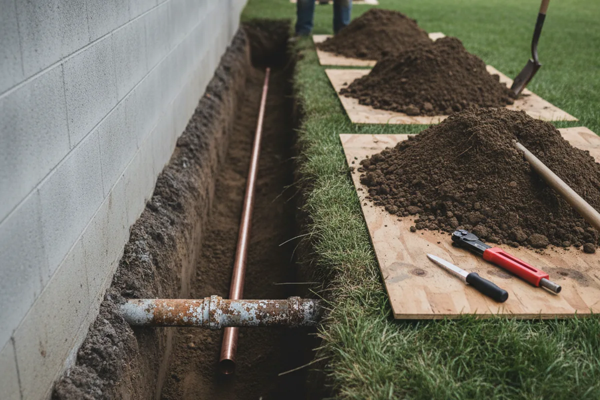 Excavated water line trench during Water Softener Installation in Lompoc
